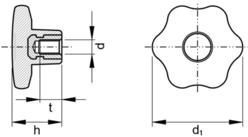 Six-lobe knob with stainless steel A1 thread insert Glass-fibre reinforced plastic